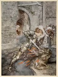 Come ser Lancillotto combatté con un drago amichevole, illustrazione da «Il romanzo di re Artù e dei suoi cavalieri della Tavola Rotonda» di Alfred W. Pollard, 1910