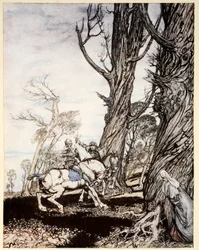 Come Sir Launcelot uccise il cavaliere Sir Peris de Forest Savage che molestava dame, damigelle e gentildonne, illustrazione da 