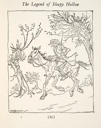 Ichabod Crane che fugge dal cavaliere senza testa, da La leggenda di Sleepy Hollow di Washington Irving (1783 - 1859), pub. 1928