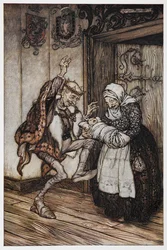 Illustrazione da Rosaspina di un re e una regina anziani e il loro bambino
