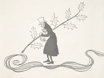 Illustrazione di Scrooge, raffigurato con un ramoscello di agrifoglio, che stringe una borsa di denaro e sembra arrabbiato
