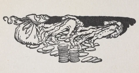 Illustrazione delle mani di Scrooge che contano denaro