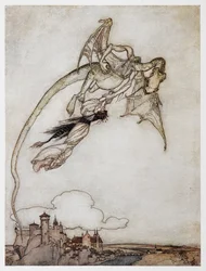 Illustrazione di un drago che rapisce la principessa da I quattro fratelli ingegnosi