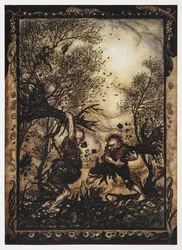 Illustrazione di due giganti che combattono con alberi da Il Sarto Valoroso