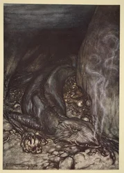 Fafner, in forma di drago, sorveglia il tesoro", illustrazione da "Sigfrido e il crepuscolo degli dei".