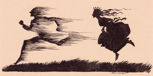 Era proprio come se il vento avesse fischiato. Illustrazione di Arthur Rackham da Fiaba dei Grimm, Come sei uomini si sono fatti strada nel mondo.