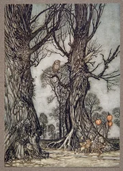 Linkmen che corrono davanti portando ciliegie invernali, da Peter Pan nei Giardini di Kensington di J M Barrie (1860 - 1937), pub. 1906