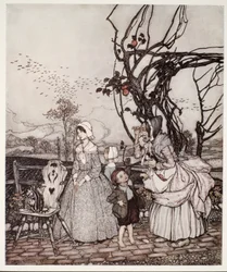 Madre e figli che tornano dalla raccolta delle mele, da Rip Van Winkle di Washington Irving, pub. 1910