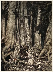 Aiutandosi a vicenda, si arrampicarono su una stretta gola, da Rip Van Winkle di Washington Irving, pub. 1910