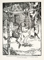 Intorno al fuoco un omino indescrivibilmente ridicolo saltava su una gamba e cantava, da Le fiabe dei fratelli Grimm, pub. 1909