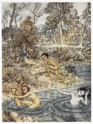 Incontrò un intero gregge di bambini. Illustrazione a colori per la storia 