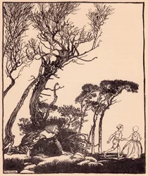 Si insinuò dietro di loro segretamente, come fanno le streghe. Illustrazione di Arthur Rackham da Fiaba dei Grimm Fratellino e Sorellina.