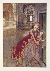 Lei prese poi la piccola chiave e aprì la porta, tremando, dal libro di fiabe di Arthur Rackham, pub. 1933