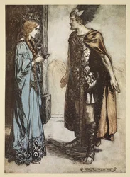 Sigfrido restituisce il corno da bere a Gutrune e la guarda con passione improvvisa, illustrazione da 