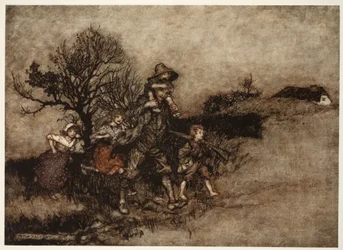 Circondato da un gruppo di bambini., da Rip Van Winkle di Washington Irving, pub. 1910
