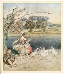 Tattercoats che balla mentre il guardiano delle oche suona, da English Fairy Tales, pub. 1922