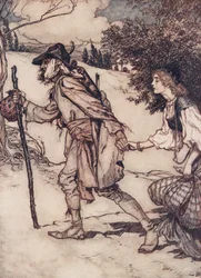 Il mendicante la prese per mano e la condusse via, da Le fiabe dei fratelli Grimm, pub. 1909