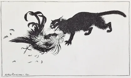 Il gatto e il gallo, illustrazione da «Le favole di Esopo», pubblicata da Heinemann, 1912