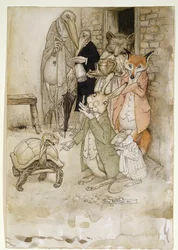La lepre e la tartaruga, illustrazione dalle Favole di Esopo, pub. da Heinemann