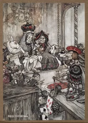 Il Fante di Cuori nel banco degli imputati davanti alla Regina e al Re di Cuori accusato di aver rubato le crostate