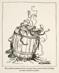 La cattiva suocera fu messa in una botte piena di olio bollente e serpenti velenosi, da Fratellino e Sorellina e altre fiabe dei Fratelli Grimm, pub.1917