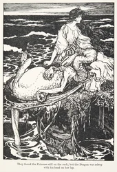 Trovarono la principessa ancora sulla roccia, ma il drago dormiva con la testa sul suo grembo, da Le fiabe dei fratelli Grimm, pub. 1909