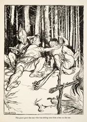 Il gigante diede uno schiaffo a chi gli stava accanto, da Fratellino e Sorellina e altre fiabe dei Fratelli Grimm, pub.1917 (litografia)