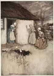 Le brave mogli del villaggio non mancavano mai, nelle loro chiacchiere serali, di dare tutta la colpa a Dame Van Winkle, da Rip Van Winkle di Washington Irving, pub. 1910