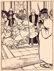 La bella fanciulla saltò attraverso il cerchio leggera come un cervo. Illustrazione di Arthur Rackham dalla fiaba dei Grimm, Le Tre Piume.