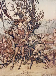 Il giovane principe disse Non ho paura; sono determinato a guardare la bella Rosaspina, da Le fiabe dei fratelli Grimm, pub. 1909
