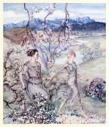 Poi andarono mano nella mano nel paese che profuma di fiori di melo e miele. da La nascita di Bran in Fiabe irlandesi