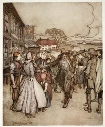 Lo circondarono, osservandolo dalla testa ai piedi con grande curiosità, da Rip Van Winkle di Washington Irving, pub. 1910