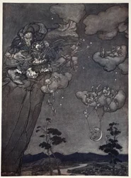 Erano governati da uno spirito di vecchia squaw che appendeva le nuove lune nel cielo e tagliava le vecchie in stelle., da Rip Van Winkle di Washington Irving, pub. 1910