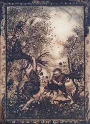Si arrabbiarono così tanto che sradicarono alberi e si colpirono a vicenda finché non caddero entrambi morti, da Le fiabe dei fratelli Grimm, pub. 1909