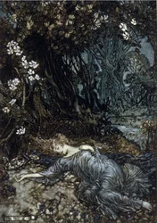 Titania, la Regina delle Fate, dorme. Illustrazione di Arthur Rackham per Il Sogno di una Notte di Mezza Estate di William Shakespeare