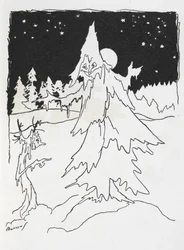 Due uomini-albero in un bosco innevato
