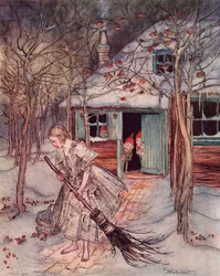 Cosa trovò lì se non vere fragole mature. Illustrazione di Arthur Rackham da Fiaba dei Grimm, I tre ometti nel bosco, pubblicata alla fine del XIX secolo.