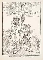 Quando fu abbastanza affilato, guardò intorno agli estranei, da Fratellino e Sorellina e altre fiabe dei Fratelli Grimm, pub.1917 (litografia)