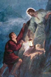 Giovane che scala, seguendo la luce tenuta da Gesù Cristo