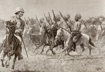 Impero britannico (XIX sec.). I nuovi reggimenti della Birmania. Compagnia di fanteria montata del secondo reggimento. Incisione.