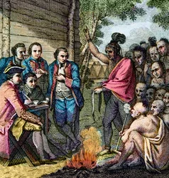 Il consiglio del generale britannico Henry Bouquet con i nativi americani durante la guerra di Pontiac