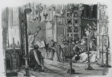 CARLO MAGNO o CARLO I (742-814). Re dei Franchi e dei Longobardi (768-814) e imperatore del Sacro Romano Impero (800-814). Incoronazione di Carlo Magno a imperatore del Sacro Romano Impero (800).