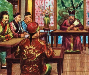 Confucio, o Kong Fu Zi, con i suoi studenti (stampa)