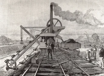 Costruzione del Canale di Panama. Lavori di dragaggio nel villaggio di Culebra. Disegno originale di Meltor Prior. Immagine pubblicata in "The Illustrated London News". Incisione.
