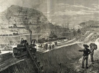 Costruzione del Canale di Panama, lavori di dragaggio nel villaggio di Culebra (incisione)