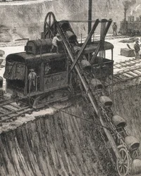 Costruzione del Canale di Panama, lavori di dragaggio nel villaggio di Culebra (incisione)