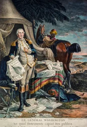 George Washington in un campo di battaglia con in mano la Dichiarazione di Indipendenza (incisione colorata a mano)