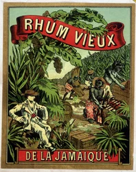 Etichetta di rum giamaicano. Lavoratori neri che tagliano la canna da zucchero sono osservati da un uomo bianco.