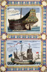 Navi mercantili della Compagnia olandese delle Indie orientali (incisione a colori)