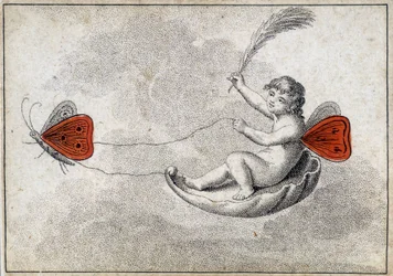 Vecchia carta da giocare: il due di cuori - Bambino alla guida di un carro armato volante. Musée de la Carte à Jouir, Issy-les-Moulineaux.